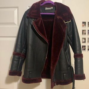 Black Faux Leather with Maroon Fur Aviator Jacket